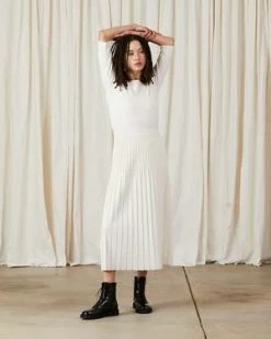 Ali GoldenCOTTON/WOOL PLEATED MIDI SKIRT - BONE