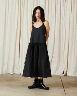 Ali GoldenDROP WAIST RUFFLE DRESS W/ MESH SKIRT - BLACK